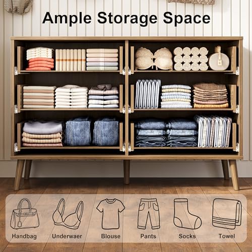 Fluted 6 Drawers Dresser for Bedroom, Wooden Wide Chest of Drawers with Metal Handle, Dresser TV Stand, Closet Storage Organizer for Entryway, Living Room, Hallway - Image 5