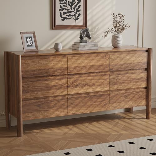 CHUWELL 63" Wide Walnut 9 Drawer Dresser for Bedroom with Solid Wood Legs - Image 6