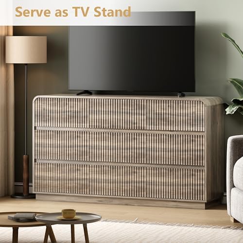 Wodeer Grey Dresser Fluted 9 Drawers Dresser for Bedroom, 59" Wide Wood Chest of Drawers with Hidden Handles & Rounded Corners, Modern TV Stand Storage Cabinet for Living Room, Hallway, Entryway, Gray - Image 3