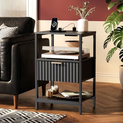 VINGLI Nightstands Set of 2 with Charging Station and Fabric Drawer, Fluted Nightstand/Bed Side Table/End Table for Bedroom, Black Night Stand Small, Bedside Table with Charging Station, 2 pcs - Image 3