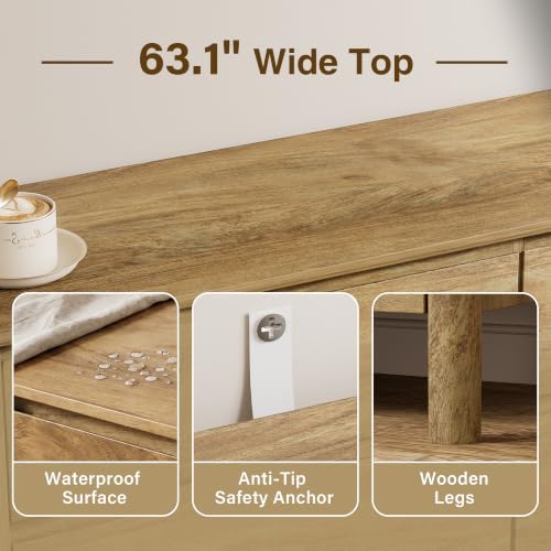 Furniway 63" Wide 9 Drawer Wood Dresser for Bedroom with Legs, Natural Oak - Image 3