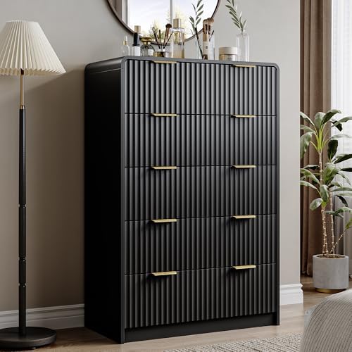 HOUROM 47" Tall Black Fluted Dresser for Bedroom, 5 Drawers Dresser by HOUROMDresserforBedroom