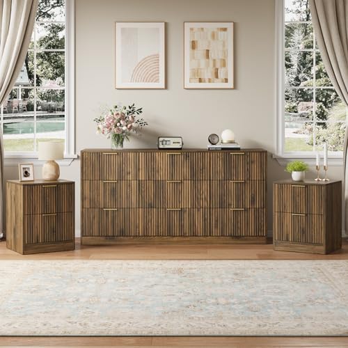 9 Drawer Dresser & 2-Drawer Nightstand Set 3-Piece, Walnut丨63 Wide Fluted Bedroom Dresser Set Night Stand Set of 2, Modern Wood Chest of Drawers Storage Dressers Set for Bedroom by NOVAMAISON