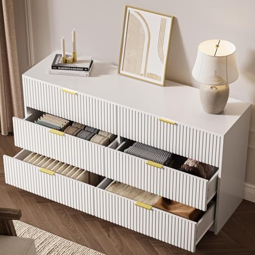 MAISONARIA White 6 Drawer Dresser for Bedroom, 55" Wide Modern Chest of Drawers with Gold Metal Handles, Fluted Wood TV Stand for Living Room, Hallway - Image 5