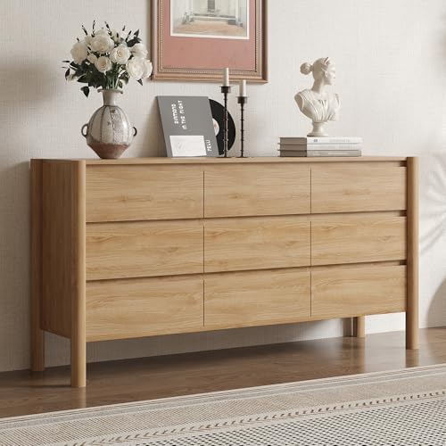 CHUWELL 63" Wide Oak 9 Drawer Dresser for Bedroom with Solid Wood Legs - Image 6