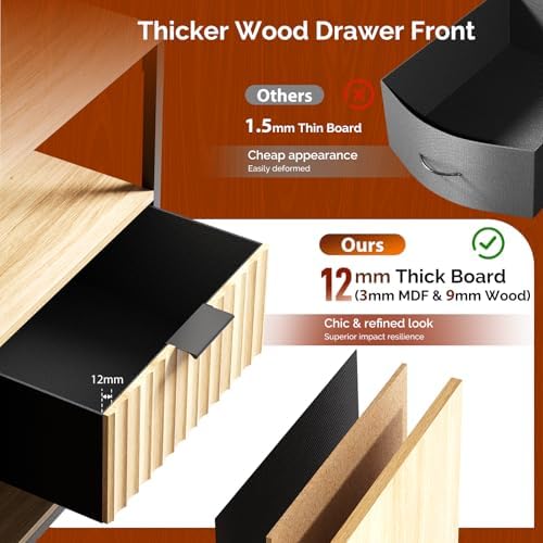 VINGLI Night Stand with Charging Station and Fabric Drawers, Fluted Nightstand Oak with 2 Drawers, Bed Side Table/End Table for Bedroom, 14.96" W*11.81" D*23.78" H - Image 4