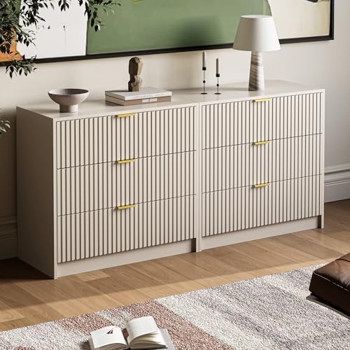 MAISONARIA Fluted Dresser for Bedroom, 32 Inch Wide Nightstand with Large Drawer, 3 Drawer End Table for Bedroom, Living Rooms, Offices, and Entryways, Beige - Image 5