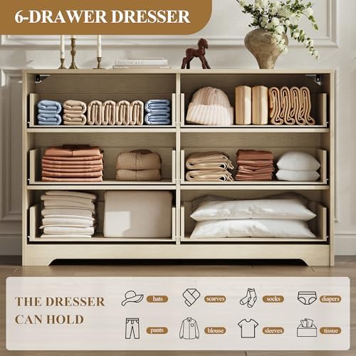 MALOL 6 Drawer Dresser for Bedroom,55" Wide Large Wooden Storage Organizer Chest of Drawers,Modern Wooden Closet Storage Chest/TV Stand with Metal Handles,for Living Room,Hallway,Entryway,NaturalWood - Image 4