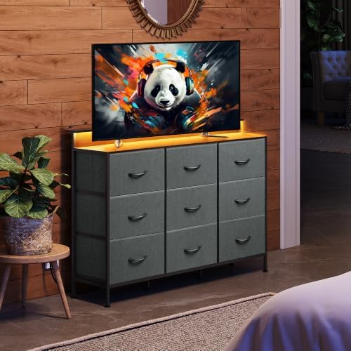 WLIVE Bedroom Dresser TV Stand 9 Drawer, Fabric Chest LED Lights, Dark Grey - Image 2