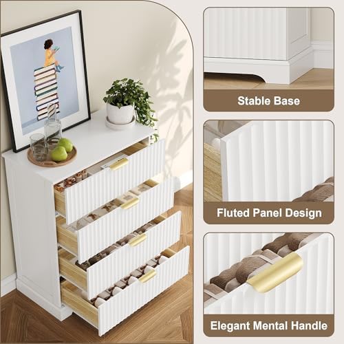 Wooden 4 Drawer Dresser for Bedroom, 36.6 in Tall Fluted Dresser with Metal Handles, Modern Chest of Drawers for Bedroom, Living Room, Entryway, White - Image 6