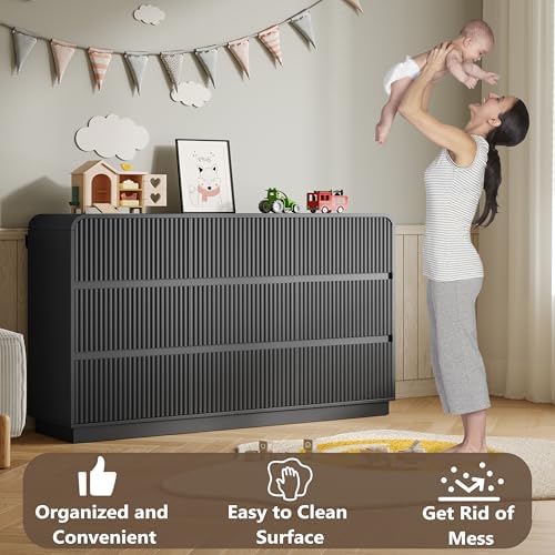 BORNOON Dresser for Bedroom with 9 Drawers, Fluted Chest of Drawers with Round Curved Corner, Hidden Handles, Modern Wood Storage Organizer for Bedroom, Nursery, Living Room - Image 5