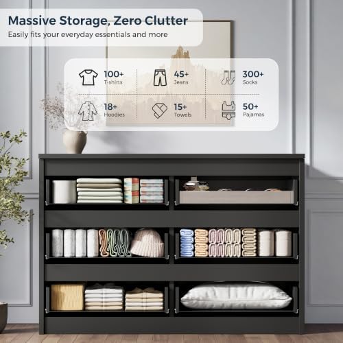 Jocoevol 6 Drawer Fluted Dresser, Modern Chest of Drawers for Bedroom with Hidden Handles, Wood Storage Organizer Cabinet for Living Room & Entryway, Black (15.7" D x 47.3" W x 31.6" H) - Image 3