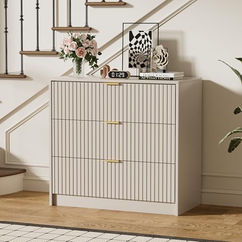 Furniway Beige Dresser for Bedroom, Modern Dresser with 3 Drawers and Smooth Slides, Wide Chest of Drawers with Golden Handles for Bedroom, Living Room, Closet, 15.7" D x 31.5" W x 29.6" H - Image 7