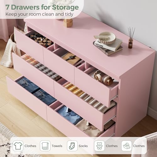 Modern 7 Drawer Dresser for Bedroom,Pink Wood Chest of Drawers,Closet Clothes Storage Organizer with Deep Drawers for Living Room Hallway Entryway,Nursery (15.3" D x 47.2" W x 32.3" H) - Image 4