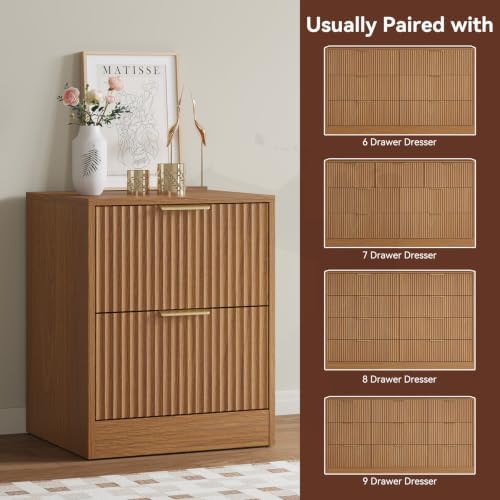 6 Drawer Dresser & 2-Drawer Nightstand Set 3-Piece, Natural Wood丨55 Wide Bedroom Set Night Stand Set of 2 with Metal Handle, Fluted Wood Chest of Drawers Storage Dressers Set for Bedroom - Image 7