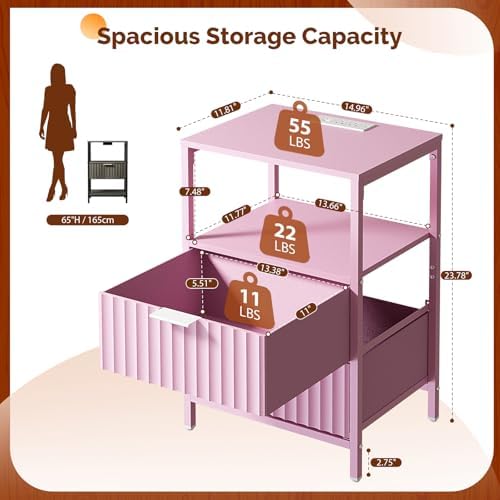 VINGLI Pink Nightstand with Charging Station and Fabric Drawers, Fluted Nightstand with Drawers, Night Stand Pink Bedside Table with Charger Station for Bedroom, Kids Room, 14.96" W*11.81" D*23.78" H - Image 2
