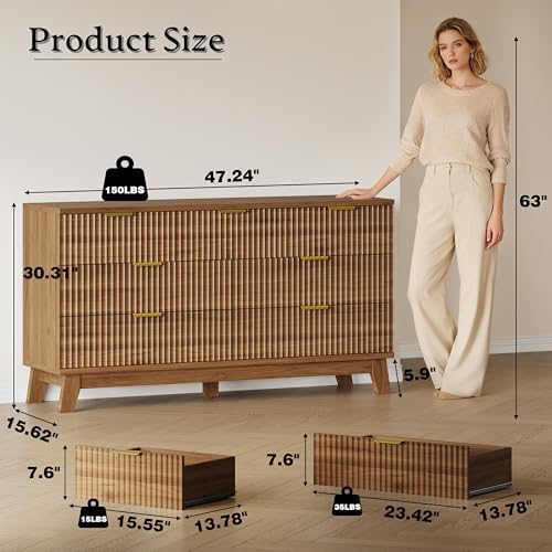 BORNOON Fluted 7 Drawer Dresser, 47.2" Wide Modern Boho Chest of Drawers, Wooden Storage Dresser TV Stand for Bedroom, Living Room, Closet, Hallway, Curved Profile Design - Image 2