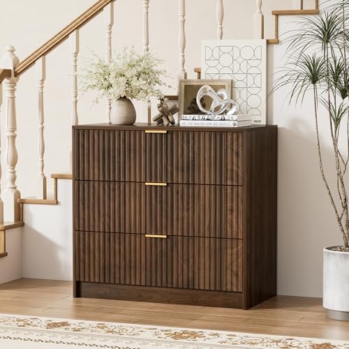Furniway Walnut Dresser for Bedroom, Modern Dresser with 3 Drawers and Smooth Slides, Wide Chest of Drawers with Golden Handles for Bedroom, Living Room, Closet, 15.7" D x 31.5" W x 29.6" H by Furniway