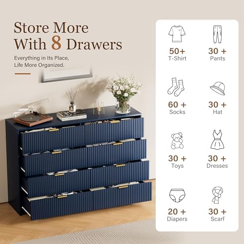 Furniway Navy Blue Dresser for Bedroom, Modern Dresser with 8 Drawers and Smooth Slides, Wide Chest of Drawers with Golden Handles for Bedroom, Closet, 15.7" D x 55" W x 37.4" H - Image 5