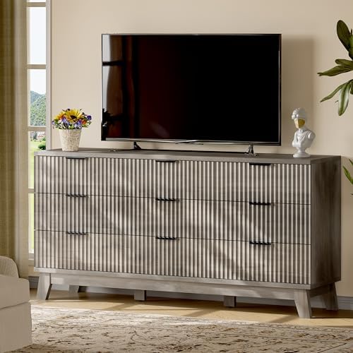 Xixini Fluted Dresser with 9 Drawers, 63" Wide Wood Chest of Drawers with Metal Handle, Wooden Dresser TV Stand, Modern Closet Clothes Storage Organizer for Bedroom, Living Room, Hallway, Light Grey - Image 7