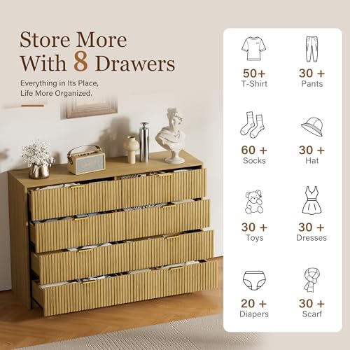 Furniway Mid Century Modern Dresser for Bedroom, 8 Drawer Wood Dresser with Fluted Front, 55" Wide Chest of Drawers for Closet, Living Room, Hallway, Natural Oak - Image 5