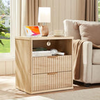LEYAOYAO Fluted Nightstand with Charging Station, 23" Modern Night Stand with Woodgrain Top, 2 Drawers End Table w/Storage, Bedside Tables for Bedroom, Living Room, Curved Profile Design,Wood by LEYAOYAO-Findtheshiningpointofyourideallife%EF%BC%81
