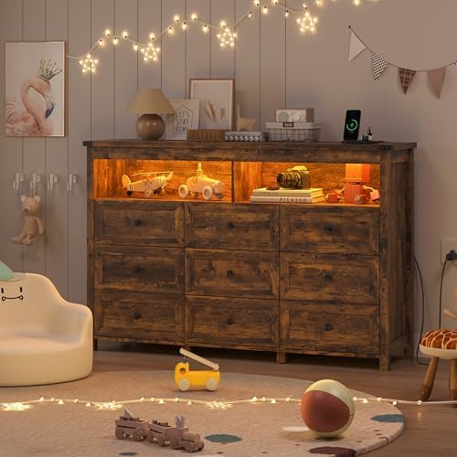 Wodeer 9 Drawer Dresser for Bedroom with LED Lights, Charging Station, Wood Chest of Drawers with Metal Handles, Modern TV Stand & Storage Organizer for Living Room, Hallway, Brown - Image 4