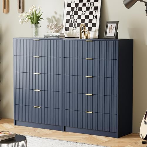 Furniway Blue Dresser for Bedroom, Modern Dresser with 5 Drawers and Smooth Slides, Wide Chest of Drawers with Golden Handles for Bedroom, Living Room, Closet, 15.7" D x 31.5" W x 47.2" H - Image 4