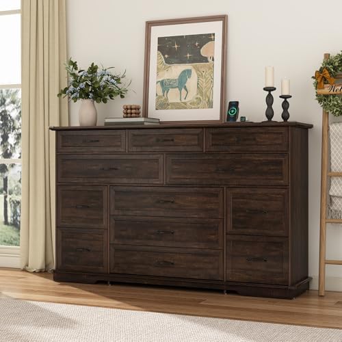 jiteentarou Farmhouse 12 Drawer Dresser for Bedroom,63” Wood Dresser & Chest of Drawers with Power Outlets,Large & Wide Dressers for Bedroom,Tall Storage Dresser Organizer(Rustic Brown) - Image 4
