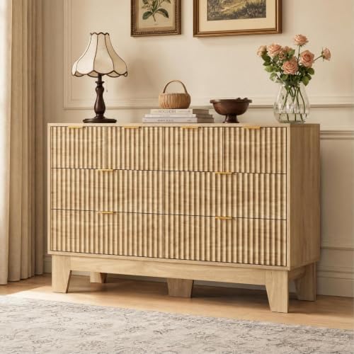 GarveeHome 47" Wide Fluted 8 Drawers Dresser, Oak by GarveeHome