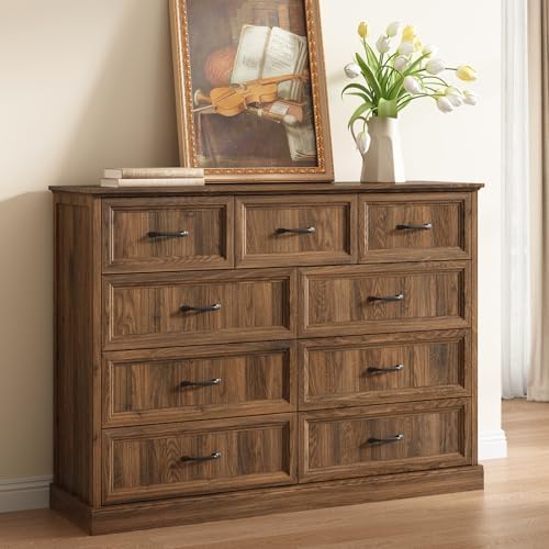 Farmhouse 9 Drawer Dresser for Bedroom, 55" Walnut Dresser with TV Stand by CARPETNAL