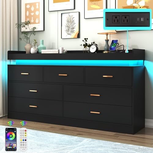 Hlivelood 7 Drawer Dresser with LED Light and Charging Station, Modern Chest of Drawers for Closet, Wide Drawer Organizer Cabinet for Bedroom, Living Room, Entryway, Hallway, Black by Hlivelood