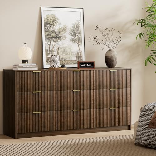 Furniway Walnut Dresser for Bedroom, Modern Dresser with 9 Drawers and Smooth Slides, Wide Chest of Drawers with Golden Handles for Bedroom, Living Room, Closet, 15.7" D x 63" W x 31.5" H - Image 3
