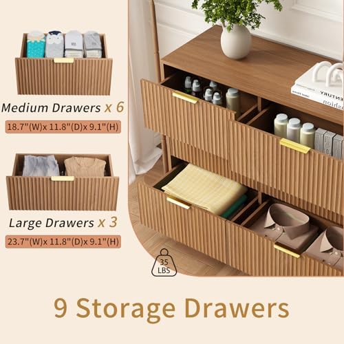 9 Drawer Fluted Dresser for Bedroom with Deep Drawers, Light Walnut丨63 Wide Wood Dresser, Large Chest of Drawers, Modern Long TV Stand, Storage Cabinet Side Table for Living Room, Hallway - Image 4
