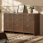 Fluted 9 Drawer Dresser for Bedroom, 59" Horizontal Wide Modern Low Profile Chest of Drawers with Metal Handle & Storage, Long Wooden Dresser TV Stand for Living Room & Closet, Walnut Brown Dresser by Varello