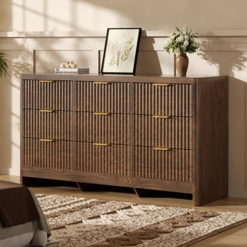 Fluted 9 Drawer Dresser for Bedroom, 59" Horizontal Wide Modern Low Profile Chest of Drawers with Metal Handle & Storage, Long Wooden Dresser TV Stand for Living Room & Closet, Walnut Brown Dresser by Varello