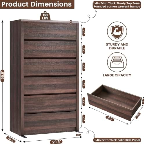 Modern 6 Drawers Dresser for Bedroom, 55.6” Tall Walnut Dressers & Chest of Drawer, Wooden Dresser for Living Room, Hallway, Front Curved & Handleless Design - Image 2