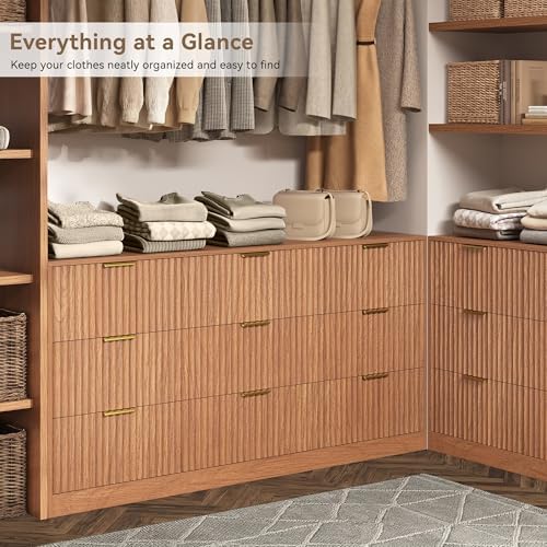 9 Drawer Dresser for Bedroom, 63" Wide Modern Fluted Chest of Drawers, Wooden Dresser with Gold Metal Handles, Mid Century Large Dresser TV Stand for Living Room Hallway Light Walnut - Image 3