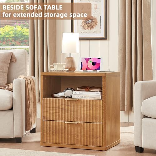 LEYAOYAO Fluted Nightstand with Charging Station, 23" Modern Night Stand with Woodgrain Top, 2 Drawers End Table w/Storage, Bedside Tables for Bedroom, Living Room, Curved Profile Design,Brown - Image 4
