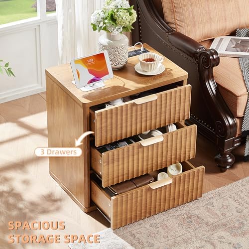 LEYAOYAO Fluted Nightstand with Charging Station, 23" Modern Night Stand with Woodgrain Top, 3 Drawers End Table w/Storage, Bedside Tables for Bedroom, Living Room, Curved Profile Design,Brown - Image 5