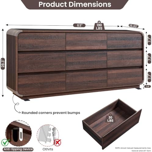 Standifurno 9 Drawer Dresser for Bedroom, Modern Curved Wood Chest of Drawers, 63" W Walnut Dresser Large Storage for Bedroom, Living Room, Hallway, Handleless Design Wooden Nursery Dresser - Image 2