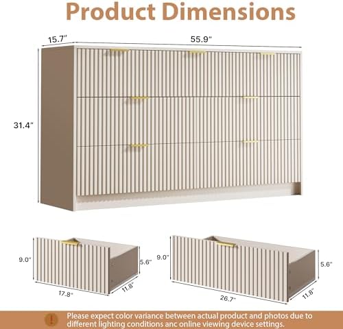 MAISONARIA Beige 7 Drawer Dresser for Bedroom, 55.9" Wide Modern Fluted Dresser with Gold Metal Handles, Wide Chest of Drawers for Bedroom, Living Room, Entryway, Hallway - Image 2