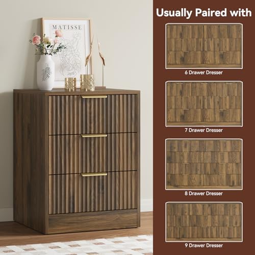 7 Drawer Dresser & 3-Drawer Nightstand Set 3-Piece, Walnut丨 Bedroom Dressers and Night Stand Set of 2, Fluted Modern Wood Chest of Drawers Storage Dressers Set for Bedroom - Image 7
