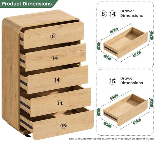 Standifurno Natural 5 Drawer Dresser, Modern Dresser with Storage, Chest Drawers with Wood Grain Texture, Drawers Organizer for Bedroom, Living Room, Hallway. - Image 3