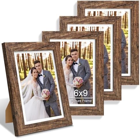 Hongkee 6x9 Picture Frame Set of 4, Made of Real Glass and Rustic Brown Wooden Frame - 6 by 9 Photo for Wall or Tabletop Display by Hongkee