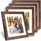Hongkee 10x10 Picture Frame Set of 4, Made of Glass and Rustic Brown Wooden Frame - Display Picture 8x8 with Mat or 10 x 10 Without Mat, 10 by 10 Photo for Wall or Tabletop by Hongkee