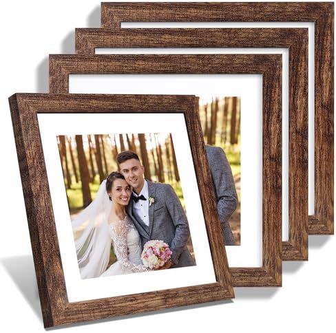 Hongkee 10x10 Picture Frame Set of 4, Made of Glass and Rustic Brown Wooden Frame - Display Picture 8x8 with Mat or 10 x 10 Without Mat, 10 by 10 Photo for Wall or Tabletop by Hongkee