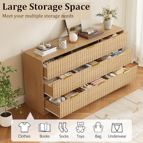 9 Drawer Dresser and Nightstand Sets for Bedroom, Modern Fluted 3 Pcs Bedroom Dresser Furniture Sets, Wood Chest of Drawers and Nightstand Set of 2 with Metal Handles, Natural Oak - Image 4