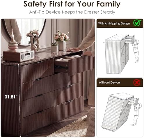 54" W Fluted 8 Drawer Bedroom Dresser, with Faux Marble Top,Dark Oak - Image 6