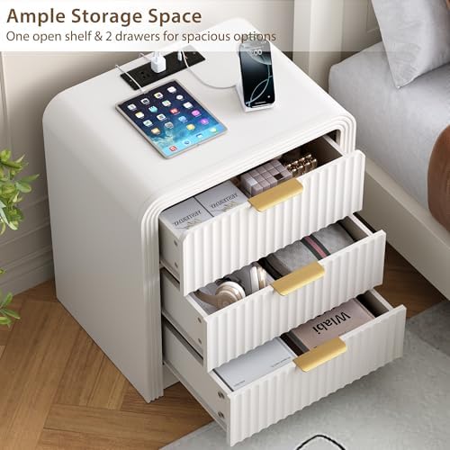 Decofy Fluted 3-Drawer Nightstand with Charging Station, Pure White - Image 4
